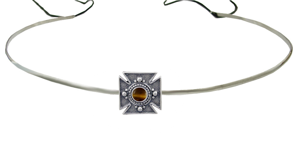 Sterling Silver Renaissance Style Medieval Cross Headpiece Circlet Tiara With Tiger Eye